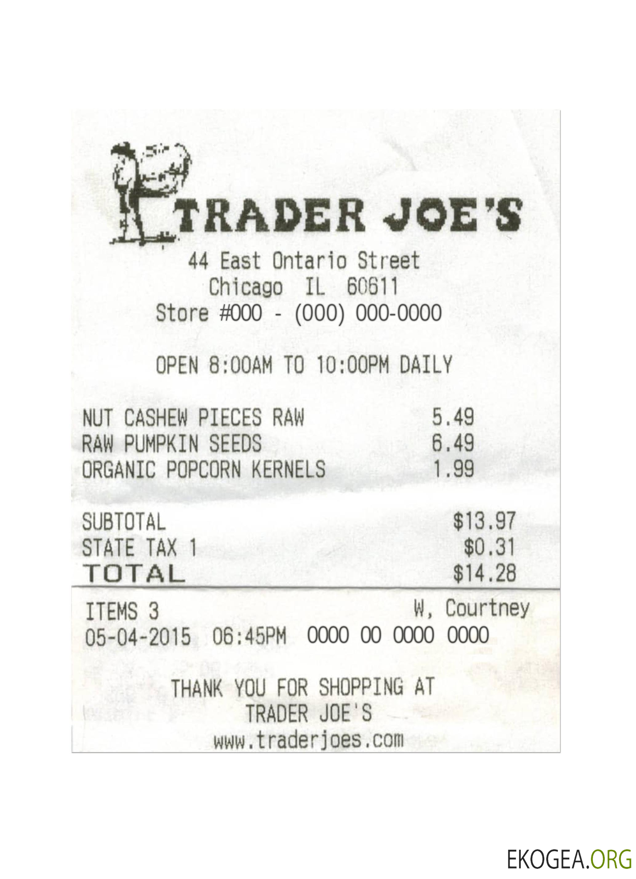 Reçu de caisse de TRADER JOE'S